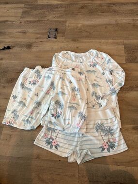 P.J. Salvage White Pajama Set with Blue Palm & Pink Floral Print